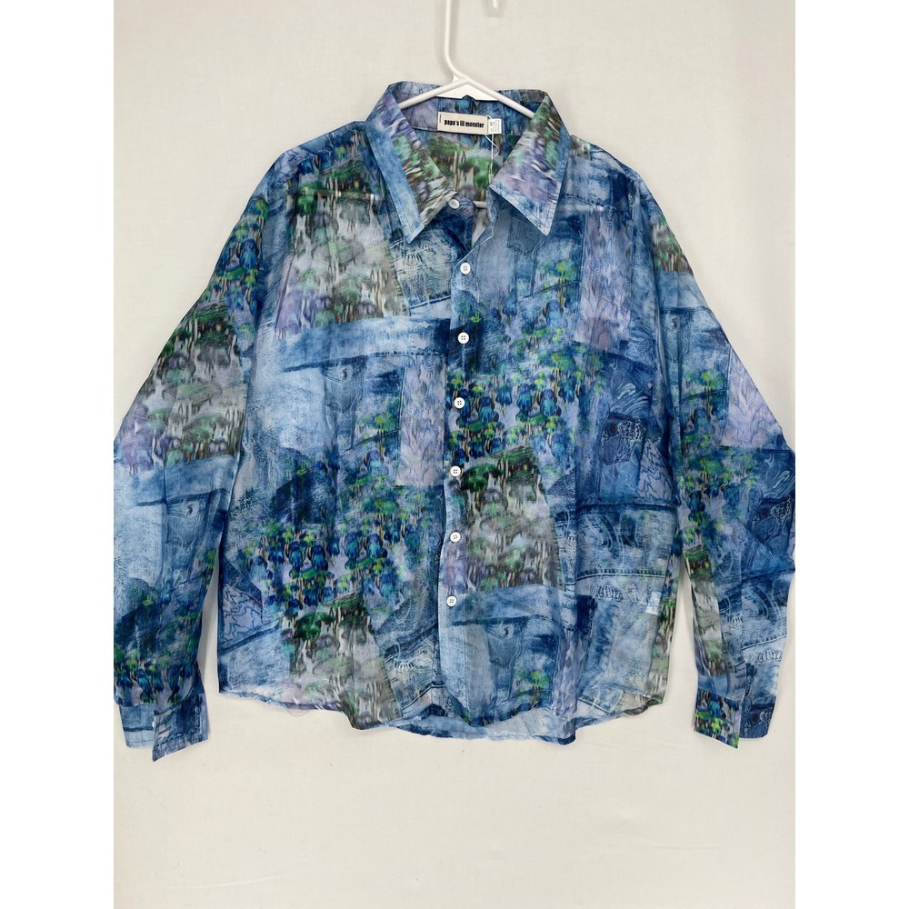 Papa's Lil Monster Frankie Mok Abstract Print Sheer Button Down Shirt Blue M